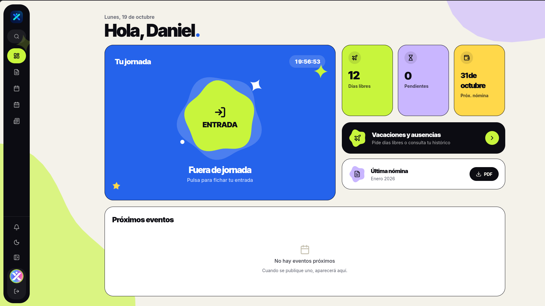 Panel web de XyonWork con la jornada, días libres, pendientes, próxima nómina y próximos eventos